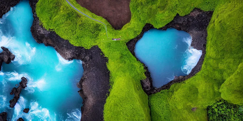 Image similar to drone shot photo of a landscape with mountains, waterfalls, wallpaper, very very wide shot, blue glacier, iceland, new zeeland, green flush moss, national geographic, award landscape photography, professional landscape photography, sunny, day time, beautiful