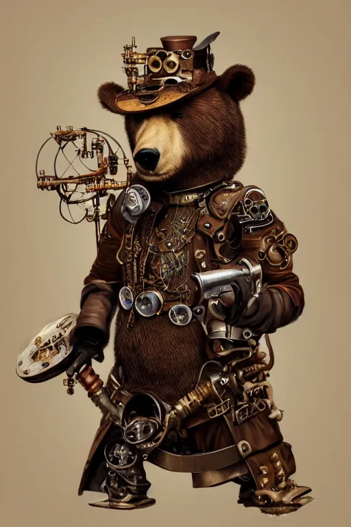 Prompt: anthropomorphic bear as a steampunk cowboy, intricate, elegant, highly detailed, digital painting, artstation, concept art, smooth, sharp focus, contemporary fashion shoot, by edward robert hughes, annie leibovitz and steve mccurry, david lazar, jimmy nelsson, hyperrealistic, octane render