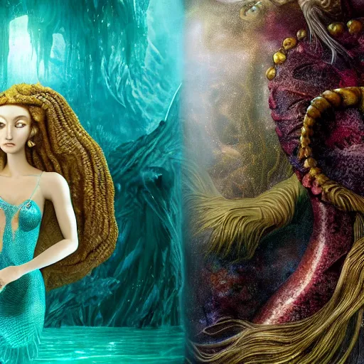 Image similar to unreal engine, octane render, 8 k, intricate detail, gilbert williams and sandro botticelli portrait of tan sumerian mermaid goddess atargatis, with aqua neon rapunzel dreadlocks adorned in seashells, near crystal temple in atlantis, iridescent dolphins swimming in the sea, unicorn flying in the sky, paleozoic atlantis