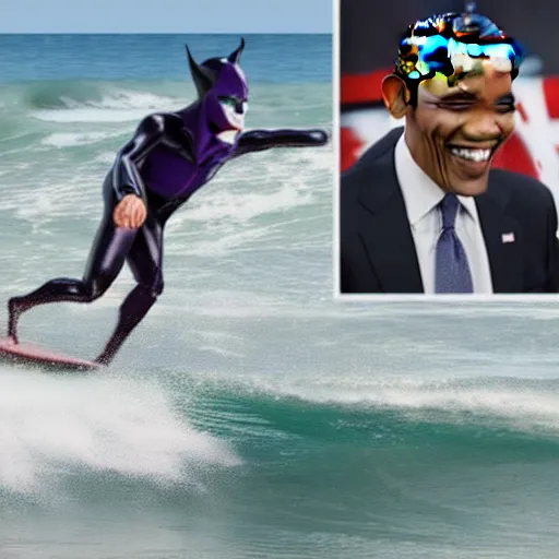 Image similar to surfing barack obama as mr. bean as the joker from batman, surfing still from batman vs bean at the beach, 2 0 2 0