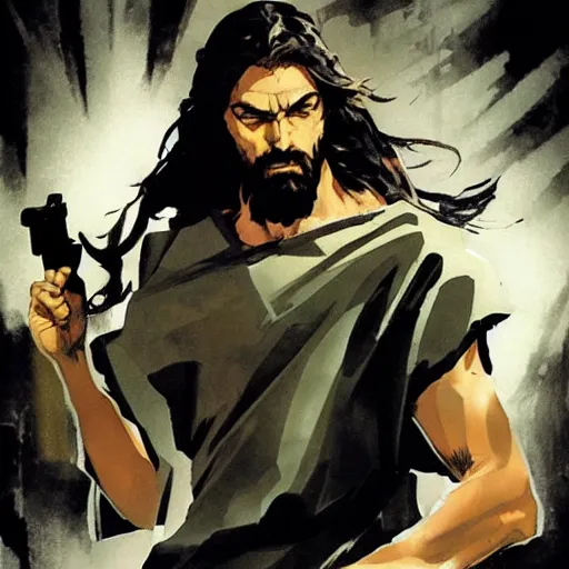 Image similar to jesus in a jojo dramatic pose, illustration by yoji shinkawa and greg rutkowski