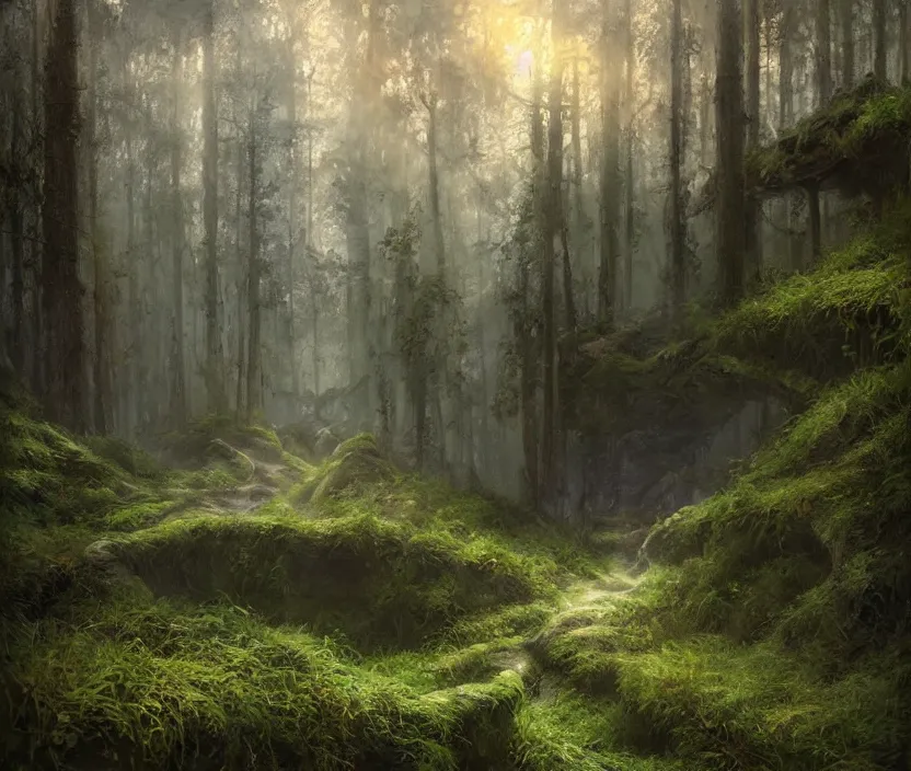 Image similar to most epic landscape, epic cinematic hyperrealism masterpiece. realistic poster with shaded lighting by craig mallismo, artgerm, jeremy lipkin and michael garmash, unreal engine, radiant light, detailed and complex environment, digital art, art station trends, environmental portrait, low angle, 3 5 mm, forest path, misty, vines, fern, moss