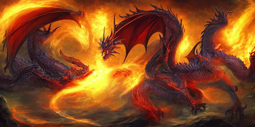 Prompt: Four dragons power up one orb of high mana energy through their breaths. The dragon of poison, the dragon of fire, the dragon of void, the dragon of metal. Digital art, hyper detailed, beautiful, clear definition, HD