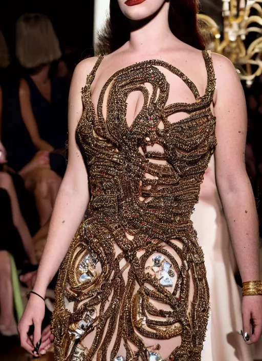 Prompt: cyborg lana del rey wearing a zuhair murad gown made from wires and beads, at new york fashion week, stunning unreal face, lush redgold hair, attractive curvy physique, pale skin, portrait by carl van vechten, stage lighting, soft colors, female beauty, intricate detail, risque fashion, elegance, 3 5 mm, depth of field, masterpiece