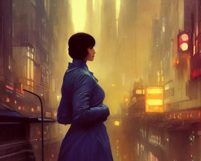 Image similar to 2 0 1 8 blade runner movie still girl look at the cityscape from roof perfect face fine realistic face pretty face neon puffy jacket blue futuristic sci - fi elegant by denis villeneuve tom anders zorn hans dragan bibin thoma greg rutkowski ismail inceoglu illustrated sand storm alphonse mucha