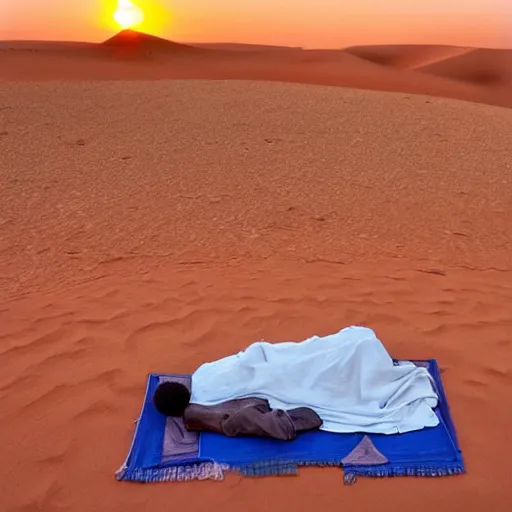 Image similar to a photo a Ghandi sleeping rough in the Sahara a sunrise, perfect lighting