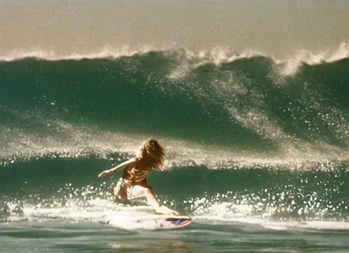 Prompt: color photo. surfer girl riding a big wave in the 8 0's. shark in the water