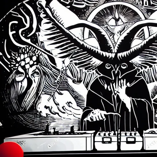 Prompt: baphomet wearing a dark hooded cloak on the dj decks