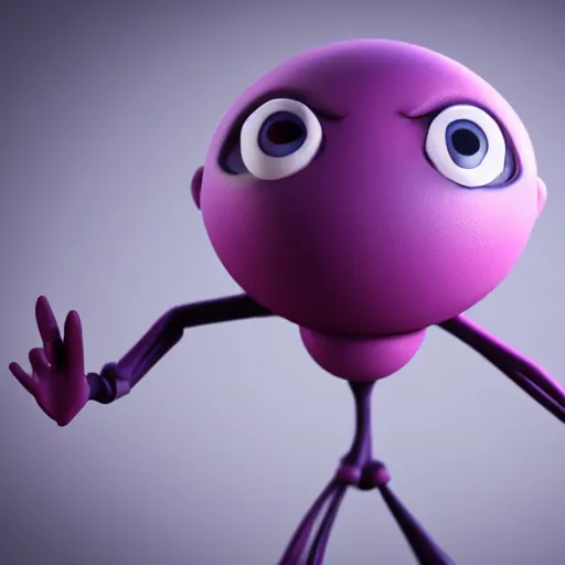 Image similar to photo of a comically tiny clay model of character with large spherical purple head and large childlike eyes with comically tiny body and spindly limbs leans close to the camera, fish eye lens, 4 k, hyper realistic, hyper detailed face, octane render, comedic, cute