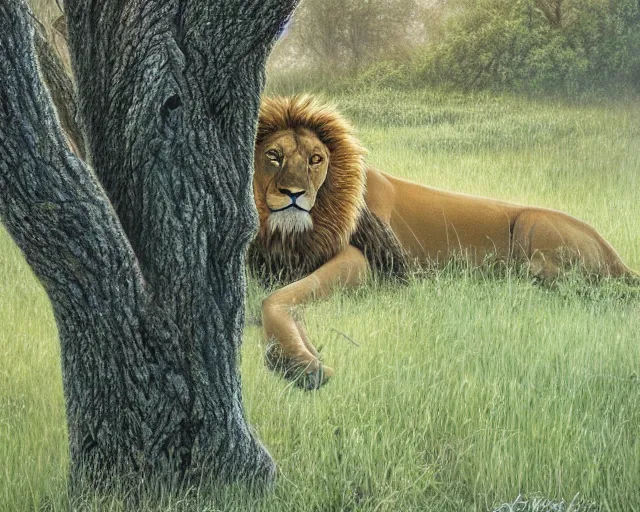 Image similar to a majestic lion under a tree in the morning by Aaron Blaise and Robert Bateman