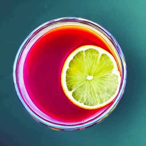 Prompt: colorful drink in intricately shaped glass, bright sunny day, overhead view.