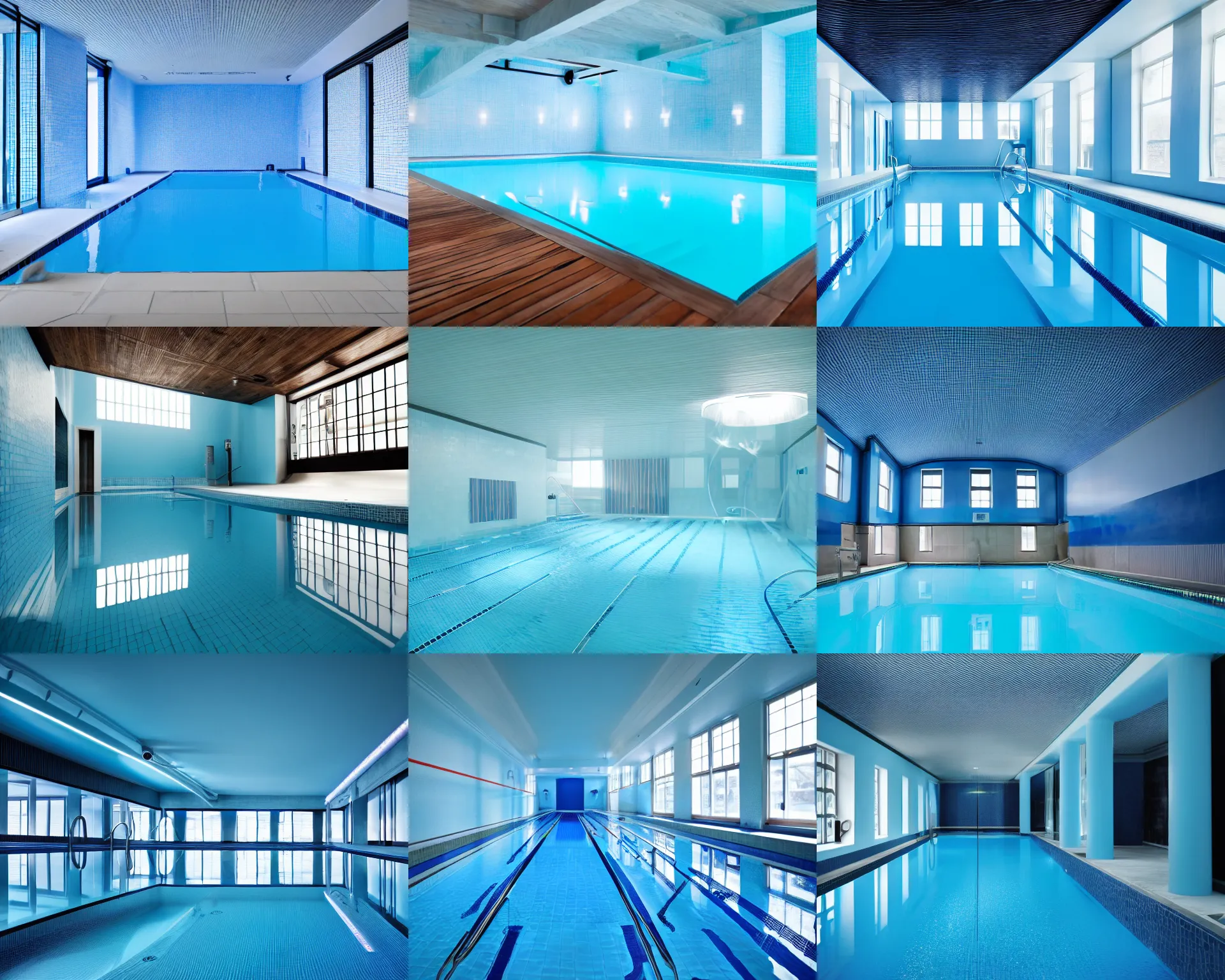 Prompt: inside of a tall, narrow, blue indoor pool. blue glow, light blue. black endless void