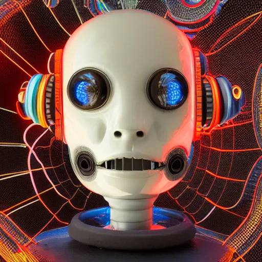 Image similar to a claymodel of a dieselpunk rococo spaced out robot head wearing multicolored wires and headphone, 8 k, front view, symetrical, flourescent colors, halluzinogenic, multicolored, exaggerated detailed, front shot, 3 d render, octane