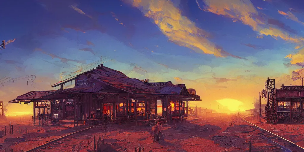 Image similar to train station roadside old west saloon cyber punk post apocalyptic cactus graveyard sunset sky clouds illustration by syd mead artstation 4 k 8 k graphic novel concept art matte painting