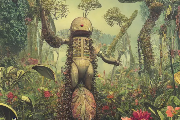 Image similar to evangelionic illustration, gigantic pleasure man head, a lot of exotic vegetation, trees, tremendous pleasure robot, flowers, oldschool vintage sci - fi flat surreal design, super - detailed, oil painting by moebius, hd, 4 k, high quality