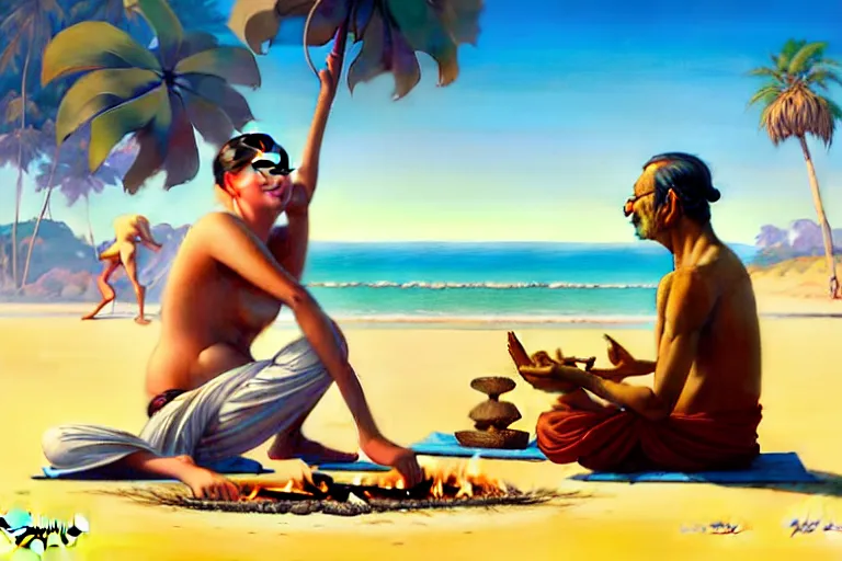 Image similar to gandhi at the beach, sitting on the sand next to a campfire, with palm trees in the back, by artgerm, ilya kuvshinov katsuhiro villeneuve, jeremy lipkin and michael garmash and rob rey, disney pixar zootopia, by tristan eaton, stanley artgermm, tom bagshaw, greg rutkowski, carne griffiths