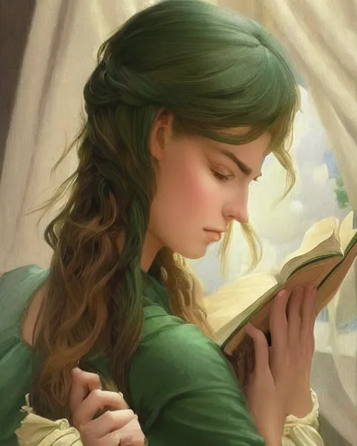 Image similar to a girl reading a book, her hair flowing down, beautiful face, oil on canvas, artstation, by j. c. leyendecker and edmund blair leighton and charlie bowater, beautiful face, octane, very aesthetic!!!!!!!!!!!!!!! stunning gorgeous green eyes
