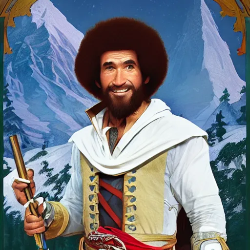 Image similar to an ultra detailed vector image of bob ross dressed as ezio auditore, concept art by alphonse mucha and greg rutkowski, praise the blood moon, octane render