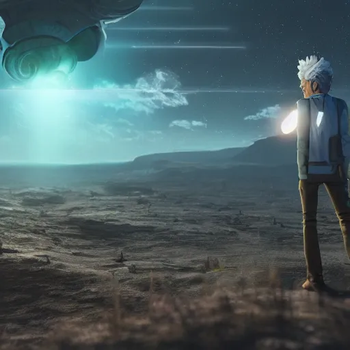 Image similar to real life rick sanchez. photo realism. dramatic lighting. alien planet background. 4 k