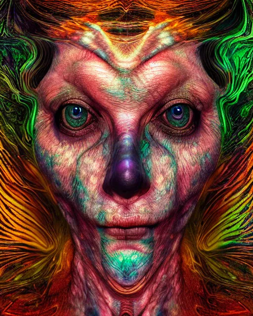 Image similar to realistic portrait of a creature experiment gone wrong, psychedelic, dark art, facing camera, photo realistic, detailed, 1 4 5 0, delicate, hyper realism, ultra realistic, 8 k