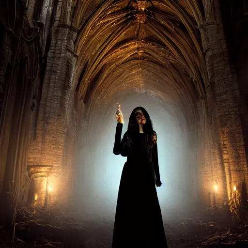 Prompt: portrait of a beautiful witch in a decaying-cathedral-lit-by-skull-chandelier, volumetric lighting, cinematic