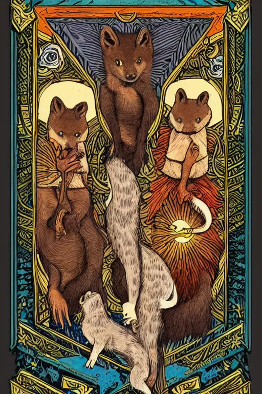 Prompt: tarot card illustration of the card three of weasels, framed in an elaborate line border, tarot card, detailed illustration, weasels, furry art, artstation, 4 k