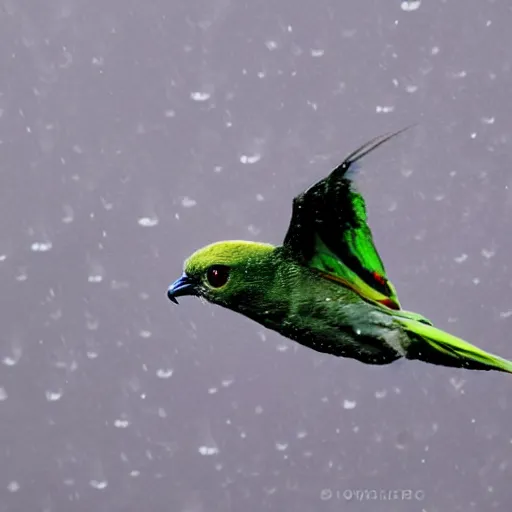 Image similar to gollum - faced bird flying in rain