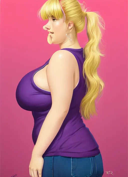 Image similar to full body teenage betty cooper, blonde hair, obese, bangs, ponytail, sultry, realistic, sultry smirk, ponytail, fluffy bangs, curly bangs, fat, belly, beautiful girl, intricate, elegant, highly detailed, digital painting, artstation, concept art, smooth, sharp focus, illustration, art by wlop, mars ravelo and greg rutkowski