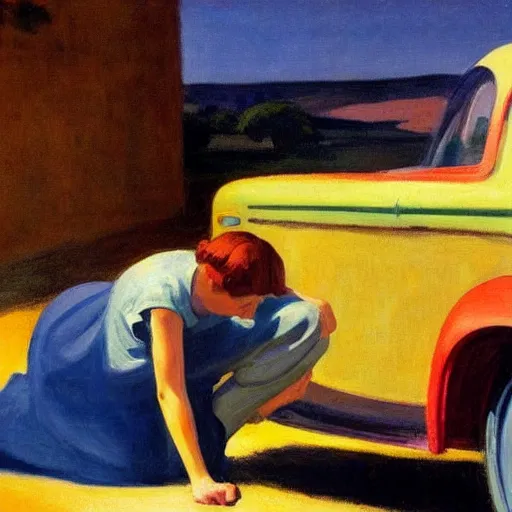 Prompt: an angel fixing their broken down car in hell, painted by edward hopper,