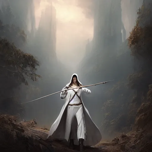 Image similar to portrait of an woman wearing a white cape with a hood and holding an hunter bow, Matte painting , detailed painting, made by Greg Rutkowski, 4k, atmospheric