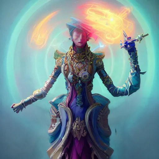 Prompt: the old mage casting, wizard staff, cyberpunk, bionics, augments, lights, cables, elegant gleaming intricate baroque jewellery, colorful, vivid, imposing, epic, digital painting, artstation, concept art, by peter mohrbacher and wlop and rhads,