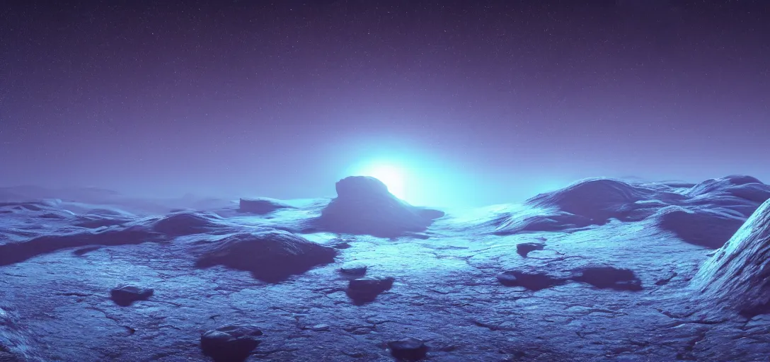 Prompt: dramatic view of an alien ice planet at night, deep space, giant crystallized rocks, shiny ice dust, sparkling reflections, raytraced, gemstones, fog, cinematic lighting, ultra detailed, sharp, ambient occlusion, bloom, raytracing, vibrant, vivid colors, 3 d artstation render, cgsociety, by dylan cole and jordan grimmer
