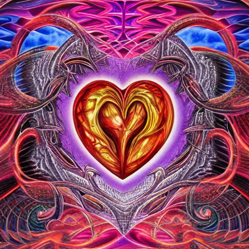 Prompt: medieval fantasy heart broken in two pieces, by alex grey, TOOL band art, psychedelic, fractals, detailed, 8K