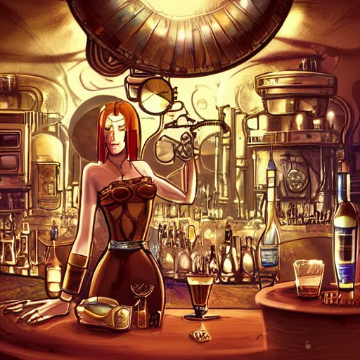 Image similar to a steampunk planet earth, has a drink at a bar. digital art, dramatic lighting, comedy, science fiction, epic fantasy, surreal. style of fifth element ( film )