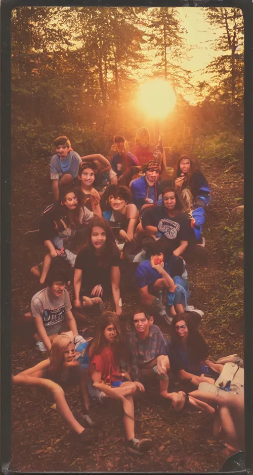 Image similar to polaroid photo of 9 0's highschool teenagers camping in the woods by a river, sunset, campfire, realistic, grainy image, iso 1 6 0 0