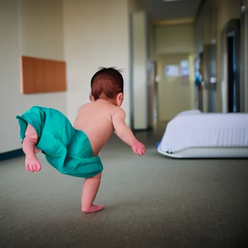 Image similar to newborn doing cartwheels in the hospital