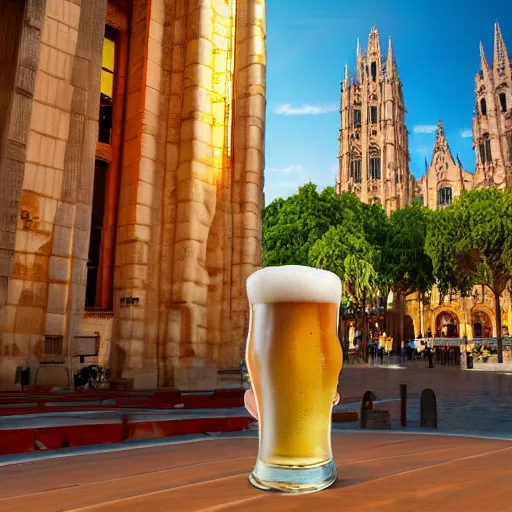 Prompt: A wild humanoid Puma holding a fresh beer with its paws in the city centrum from Palma de Mallorca with Palma Cathedral in the background, highly detailed, octane render