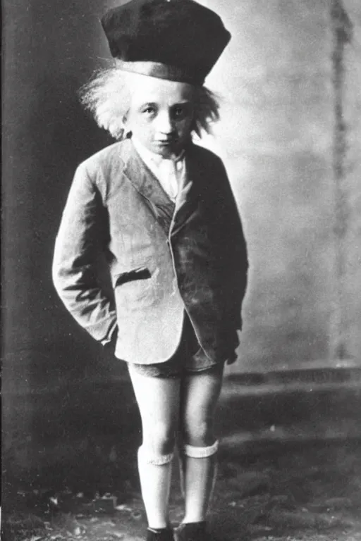 Prompt: Young Albert Einstein wearing a dunce cap, 1920's black and white photograph