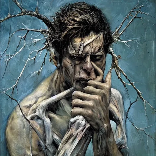 Prompt: powerful gestures, bones, fingers, branches composition abstract, magical, realism, textural, by seveso, asencio, baars