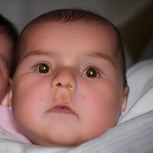 Image similar to a medical photography with flash of a baby with 2 heads on a hospital bed, closeup.