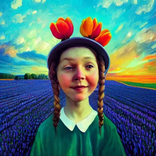 Image similar to dutch girl with one giant tulip as a face, surreal photography, flower field, sunset dramatic light, impressionist painting, colorful clouds, blue sky, digital painting, artstation, simon stalenhag