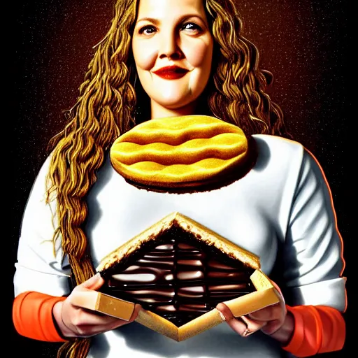 Prompt: drew barrymore in a smore, chocolate, marshmallow graham cracker, bionix scifi alexandre ferra, digital painting by arcimboldo