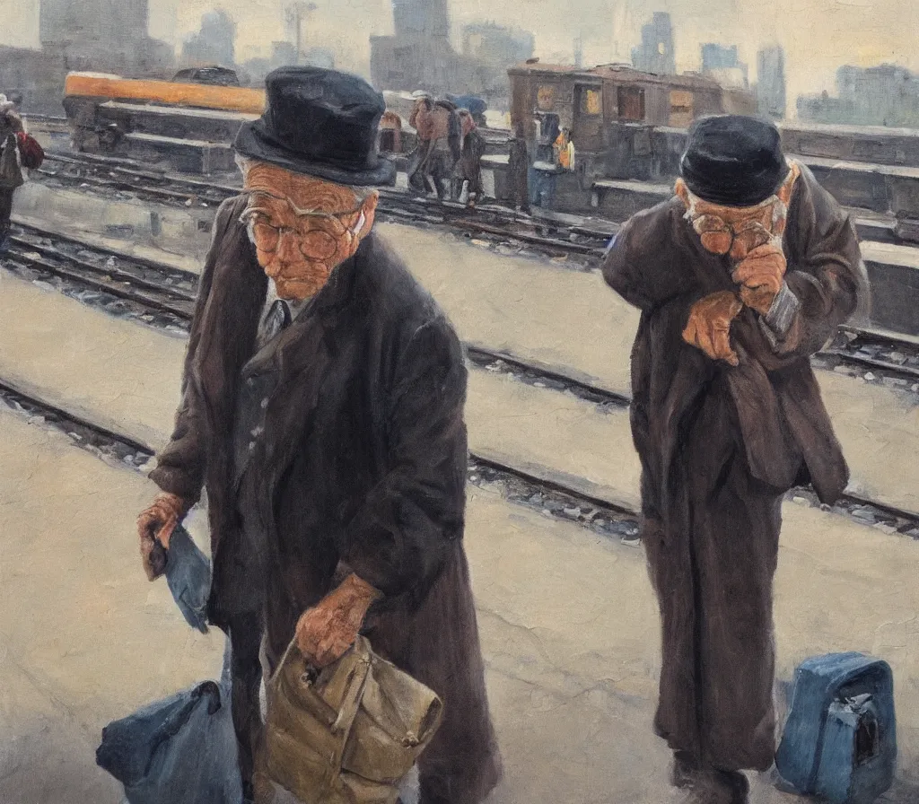 Prompt: Old man with a newsboy hat waits for a train with heaps of baggage on a platform, trains in the background, low angle, morning hard light, oil on canvas