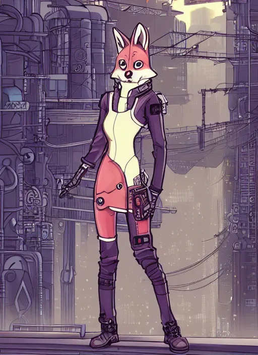 Prompt: commission of a beautiful illustration of a female anthro fox fursona wearing mechanic clothes in a industrial cyberpunk city. character design by Kinoshita Jiroh, Hyaku. Detailed, inked, manga cover