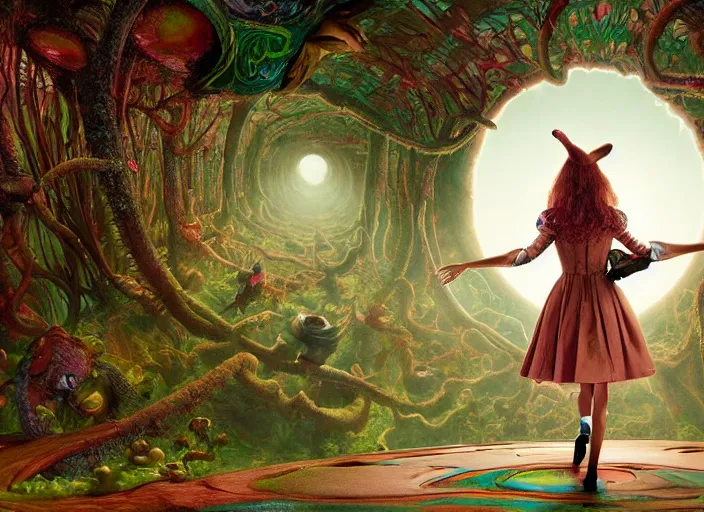 Image similar to vfx surreal 3 d portrait of alice from wonderland walking into a non - euclidean and infinite tunnel of evanescent hallucinatory images, reflections in endless mirrors, giant mushrooms, hyperdetailed, octane render, sharp focus, concept art, intricate by alex grey, greg rutkowski jeff soto and daniel merriam, dan mumford and pixar, octane render