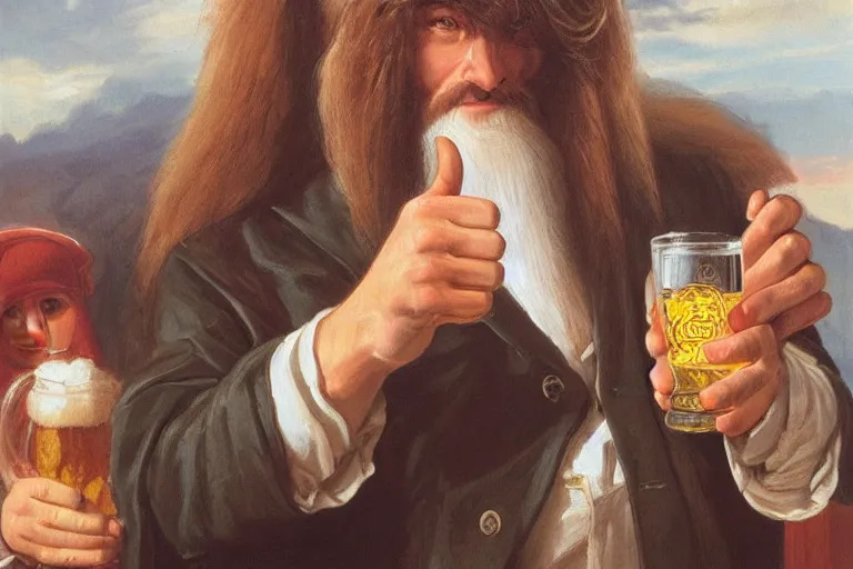Image similar to a young man holding a beer giving a thumbs up with a long beard, detailed, uncropped, painted by Alex Horley