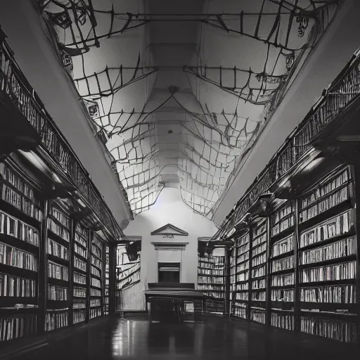 Prompt: the interior of a library shrouded in darkness, eyes grieving on the walls and floor, horror vibes