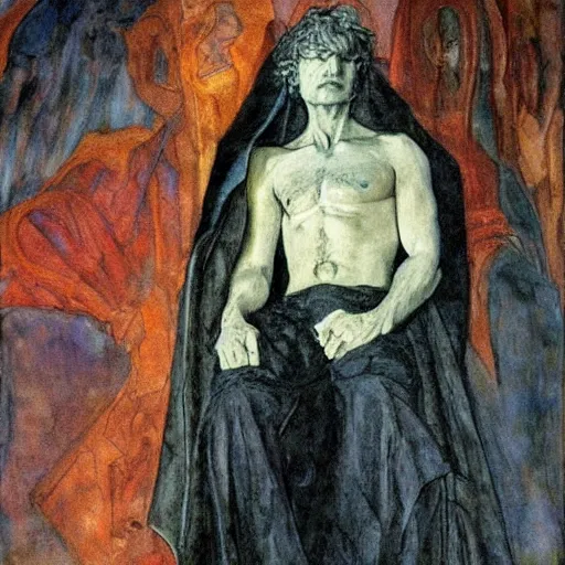 Prompt: comics sandmanin a cloak by Neil Gaiman, in style The Demon Seated, by Mikhail Vrubel, oil painting, art gallery, art museum, small details, whole-length, hyperrealism, black cloak, very detailed face, very detailed torso, wide painting--steps 50