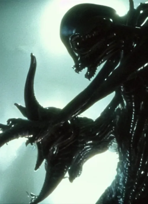 Image similar to film still of kim kardashian being held up by an xenomorph in Alien.