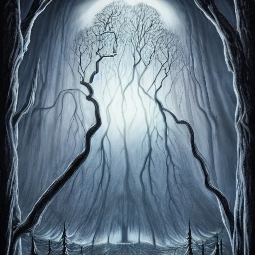 Image similar to the legend of boggey creek meets dracula and the curse of f la llorona alex grey in yggdrasil, white, night, 4 k, ultrarealistic by john stephens in high resolution another day of life